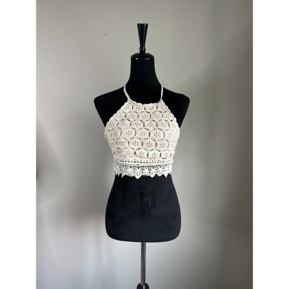 Women's Cream Halter Neck Tie Backless Crochet Cropped Top Size S - Picture 1 of 5
